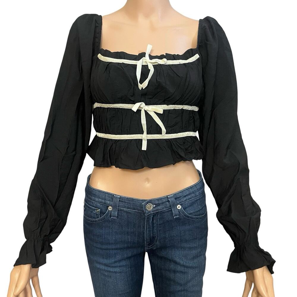 Thirty Thirty LA Bow Crop Top Medium Ruched Balloon Sleeve Dark Coquette Lolita - Picture 1 of 8
